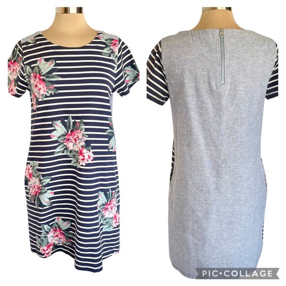Joules Imelda Jersey Woven Mix Dress Blue Floral Stripe Size 10 Coastal Casual - Picture 2 of 12